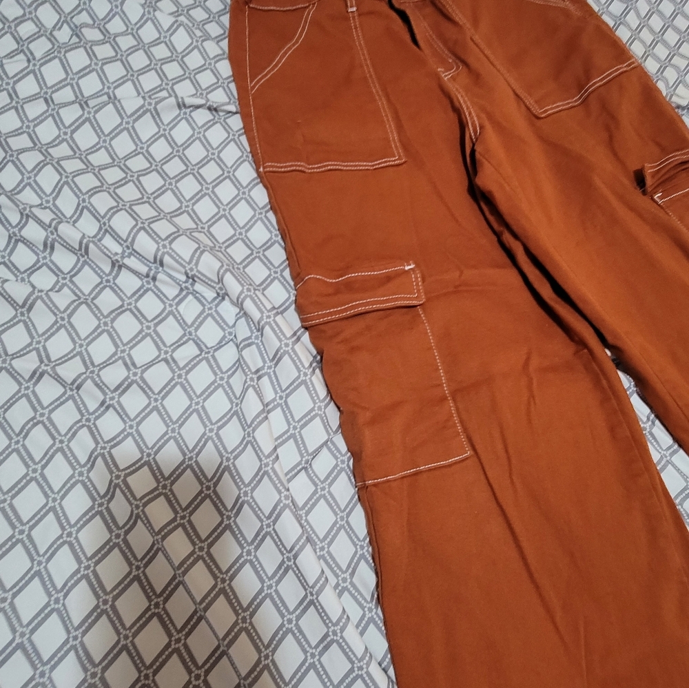 FOREVER 21 size LG burnt Denim pants ๐ oversized pockets, elastic button zip. - Picture 3 of 17